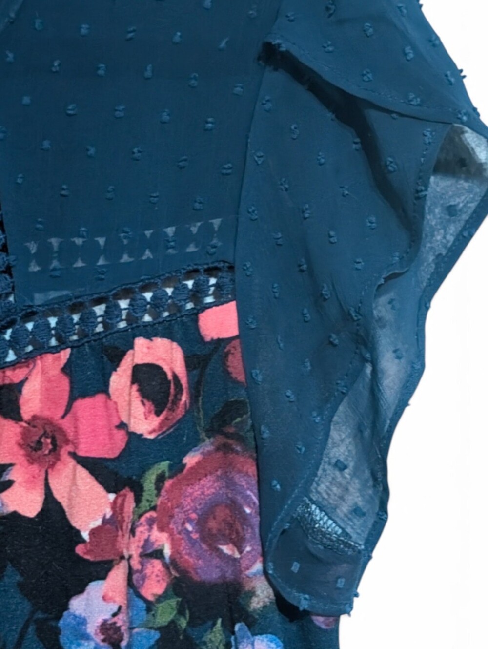 ​🌸 Daniel Rainn Floral Teal Swiss Dot Yoke Blouse Medium Short Sleeve 🌸 - Picture 3 of 9